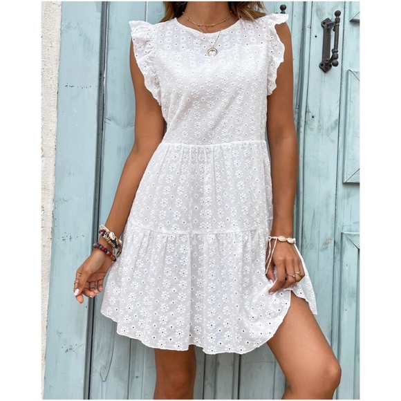 Boho White Floral Embroidered Ruffle Sleeve Dress - Picture 3 of 6